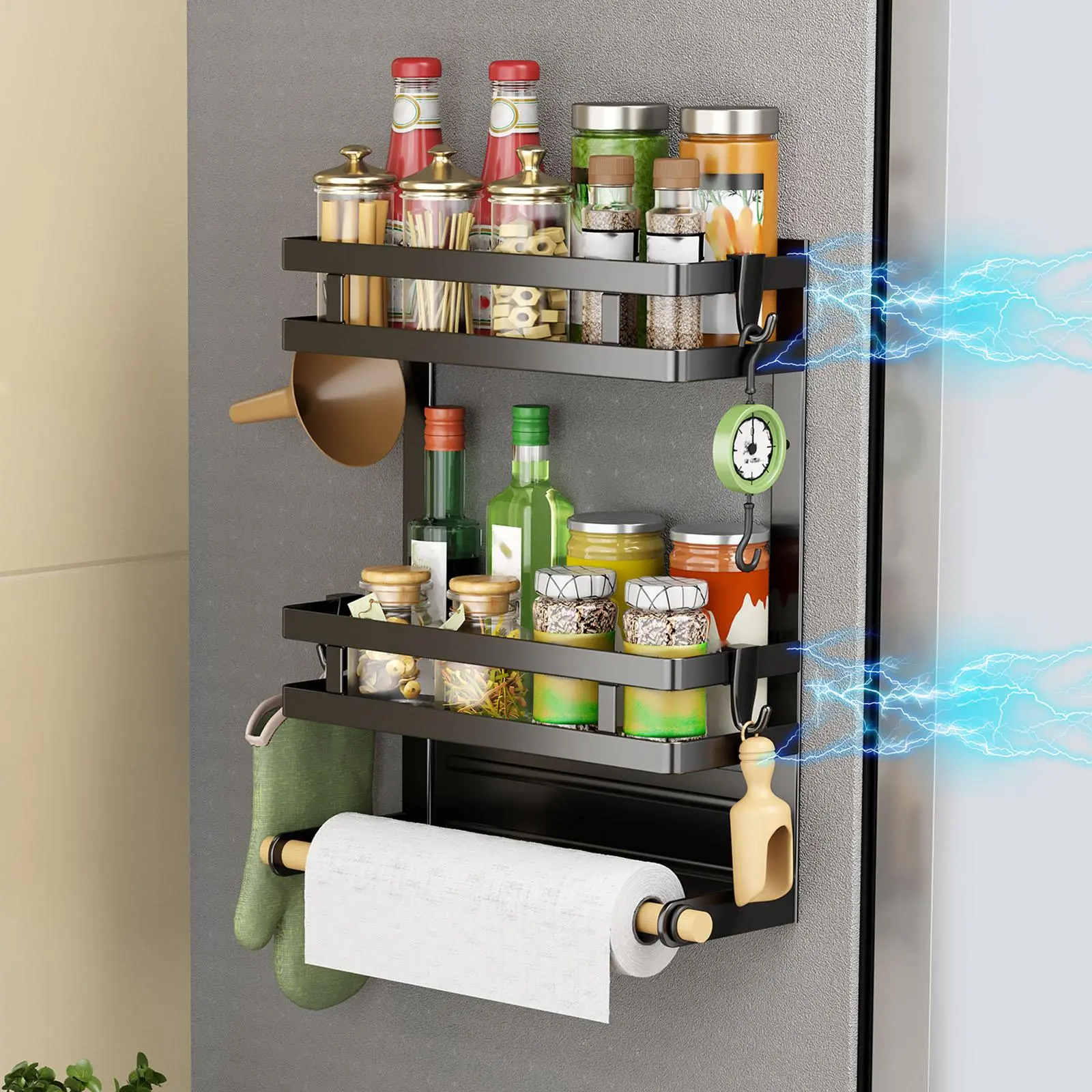 【Holiday Deals】San Dream Magnetic 2-Layer Metal Rectangle Spice Rack Shelf Organiser Moveable with 4 Utensil Hooks Home Organization Storage Stand for Refrigerator