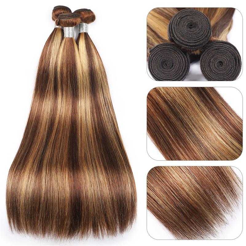Honey Blonde Highlight Bundles Bone Straight Human Hair Bundles P4/27 Quick Weave Colored Hair 1 3 4 Bundle Ombre Brown Hair Bundles