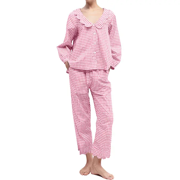 Women's 2-Piece Gingham Woven Pure Cotton Pajama Set - Button-Front Wave V-Neck Top, Pajama Pants with Pockets, Year-Round Loungewear for Watch Party, Sizes S/M/L
