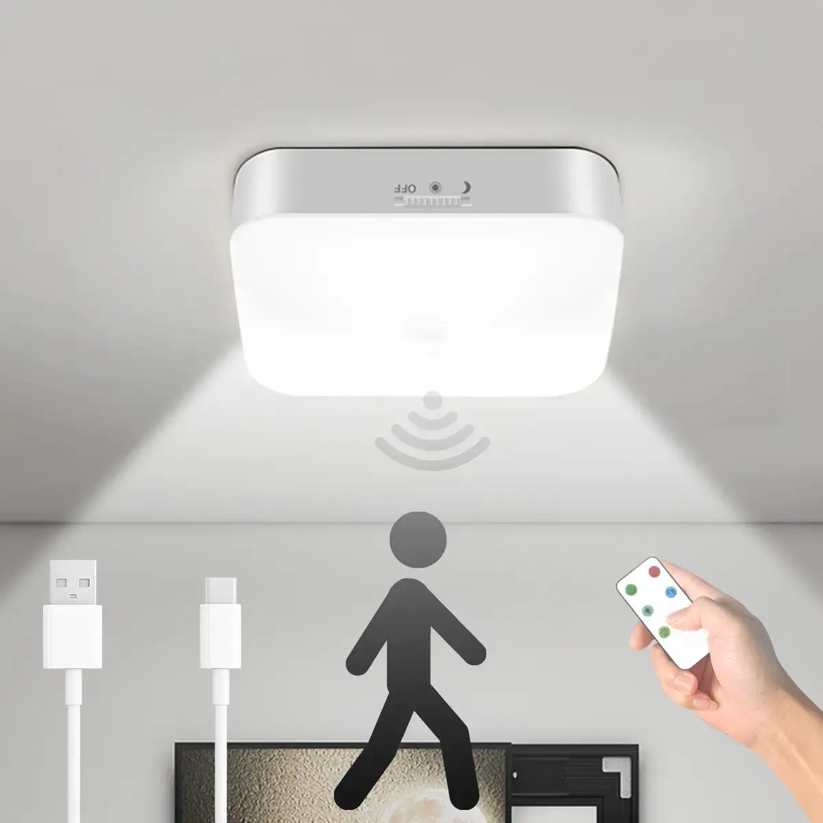 Rechargeable Motion Sensor Closet Light 500LM Wireless Battery Operated Ceiling Light for Hallway Stairs Pantry Garage Porch Shower with Remote Control 10000mAh Battery 2 Modes Daylight & Night,Rechargeable indoor wall lamp, wireless lighting