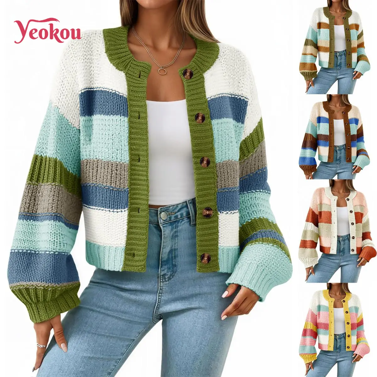 Yeokou Women's Striped Chunky Knitwear Long-Sleeve Cardigan - Breathable, Comfortable Button-Up Color-Block Fall Outerwear, Longsleeves, Party, Work, Crew Neck, Button Front, Round Neck, Knitted, Hang Dry, Colorblock, Holiday, No
