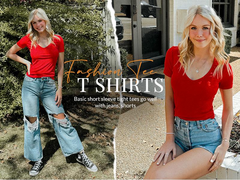 Women's Deep V Neck Tops for Women Sexy Low Cut Summer Ribbed Knit T Shirts Slim Fit Stretchy Basic Fashion Tee