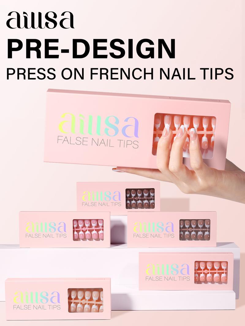 Aillsa Extra Short Coffin French Tip Press on Nails - 180pcs Classic Nude/White Full Cover Soft Gel Nail Tips Natural False Nails 15 sizes Easy to Wear Soak Off Acrylic press Nails Extensions Reusable & Comfortable Fit DIY at home press-on nail set