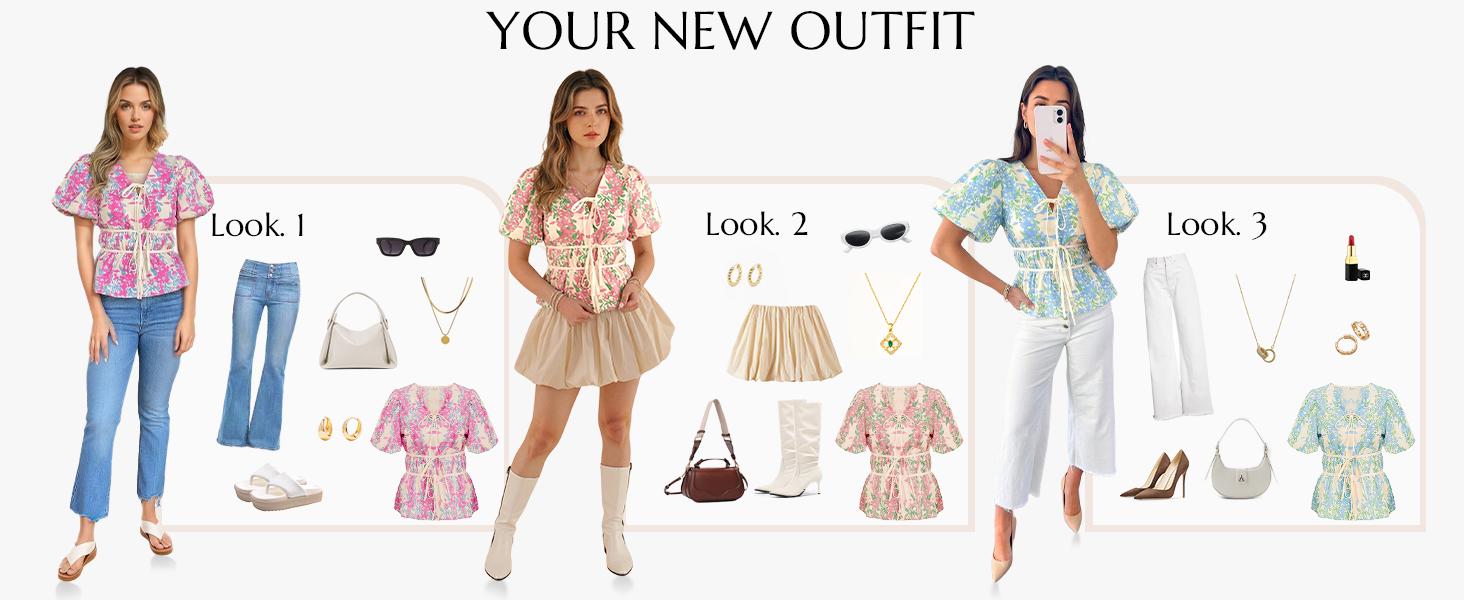 Cicy Bell Womens Puff Sleeve Tie Front Tops Summer Babydoll Peplum V Neck Blouse Casual Dressy Pleated Floral Print Shirts Cicy Bell Womens Puff Sleeve Tie Front Tops Summer Babydoll Peplum V Neck Blouse Casual Dressy Pleated Floral Print Shirts