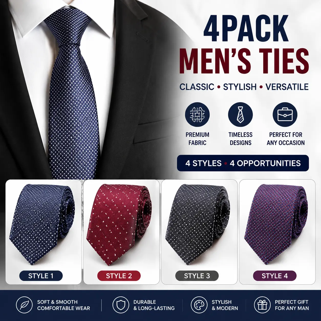 Janhooya Men's 4-Pack Assorted Boxed Classic Neckties - Multicolor Stripe, Solid Skinny Polyester Ties, 57.5in Length, 3.1in Width, for Business Formal Office, Wedding, Assorted Neckties, Boxed Neckties Casual Comfy Tie Casual Elegant Tie
