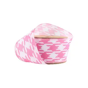 2 1/2" Wired Ribbon | Pink/White Herringbone | 10 Yard Roll