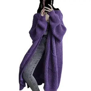 Women's 2025 Autumn/Winter Solid Color Long Open Collar Thick Knitted Open Collar cardigan Oversized Dustproof Pocket Knitted Design Coat