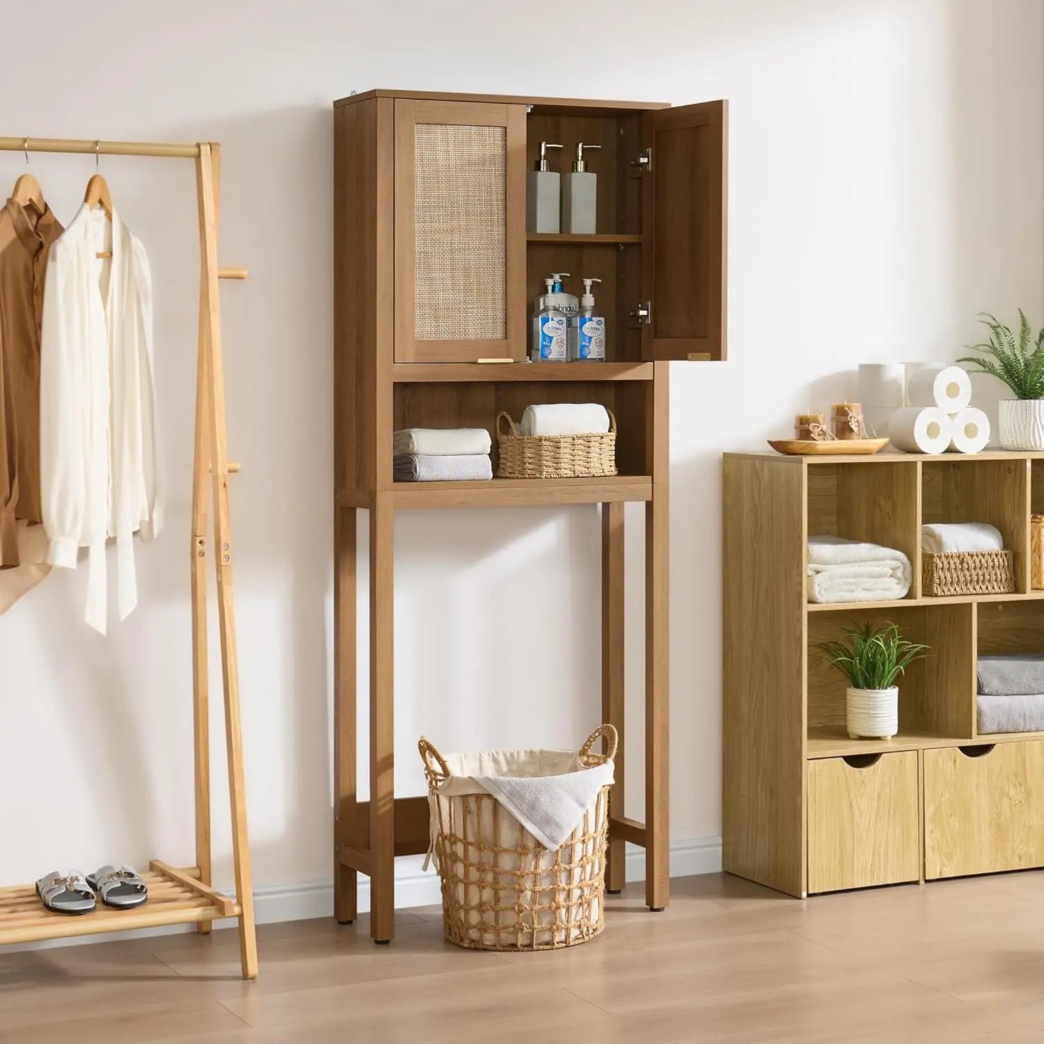 SICOTAS Freestanding Over-The-Toilet Tall Storage Cabinet - Sturdy Wood Furniture with Rattan Door, Adjustable Shelf, Modern Bathroom Storage for Bathroom, Laundry Room