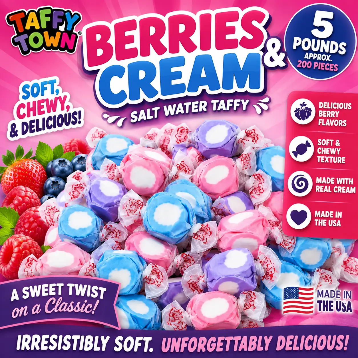 Taffy Town Berries & Cream Salt Water Taffy 5 lb Bag  Soft & Chewy Assorted Berry Candy | Gourmet Bulk Taffy for Parties & Candy Buffets