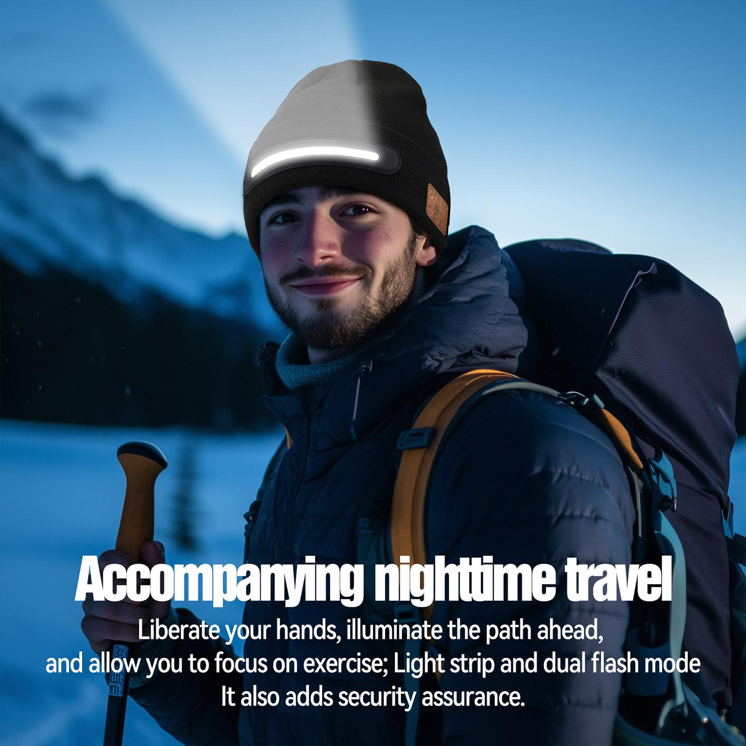 Bluetooth Beanie with a Light, Unisex USB Rechargeable 4 LED Fashlight Hat with Cordless Headphones, Unique Christmas Gifts - Black