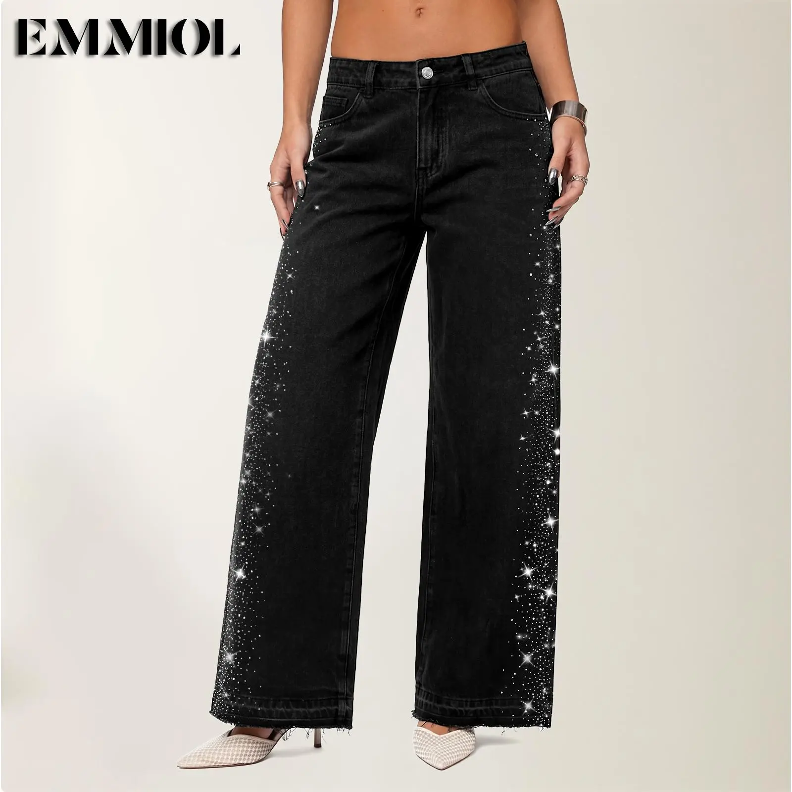 EMMIOL【Back to School】 Women's Straight Wide Leg Rhinestone Jeans Trendy High Waisted Sparkly Bling Glitter Denim Pants Boyfriend
