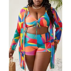 3pcs/SetPlusSizeContrastColorFrontTiedBraletteBikiniBottomAndLongSleeveCoverUpSwimwearSet,PerfectForSummerBeach