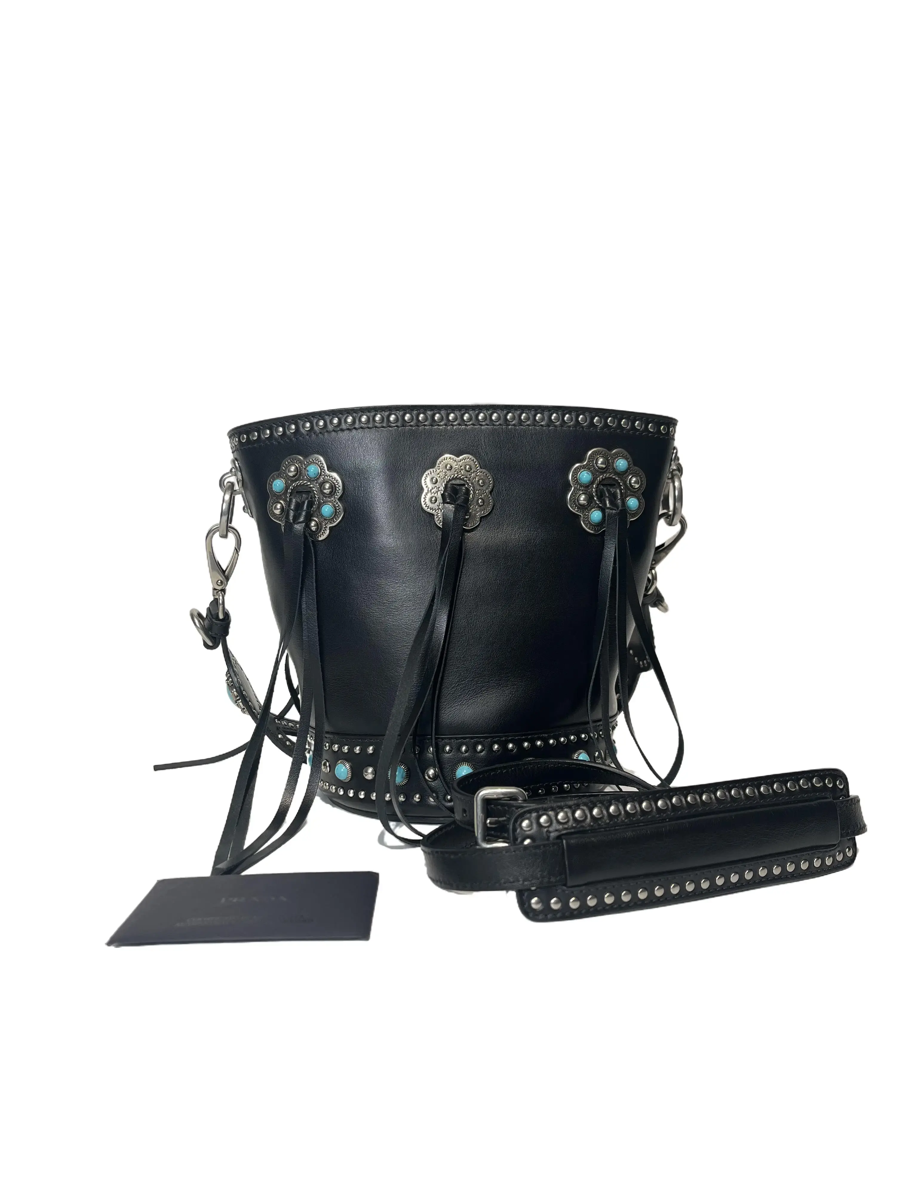 Pre-owned PRADA Archival Western Turquoise Studded Leather Fringe Bucket Bag, Fashion Shoulder Bag, Handbag Style, Handbag Shoulder Bag