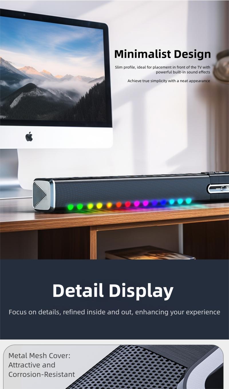 HUICHANG 10-Speaker RGB Soundbar – Wireless Bluetooth 5.3 Slim 34.6” Design,  Deep 9D Bass, TWS Stereo, Piano Black Finish, AUX/USB/Coaxial Inputs, Perfect for Home Theater, TV, Gaming & Party Smartphone Audio，Black Friday, gifts，New Year's Party