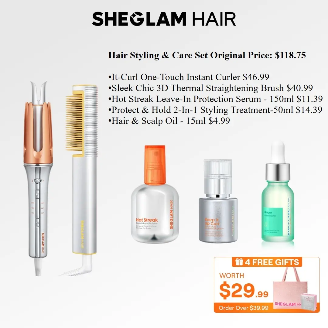 SHEGLAM HAIR Salon-Quality Styling & Care Kit | It-Curl Curler | Sleek Chic 3D Straightening Brush | Hot Streak Leave-In Serum | Keep it Up Curl Treatment | Hair Scalp Oil (5-Piece Set)#hair care #hair products #girly essentials
