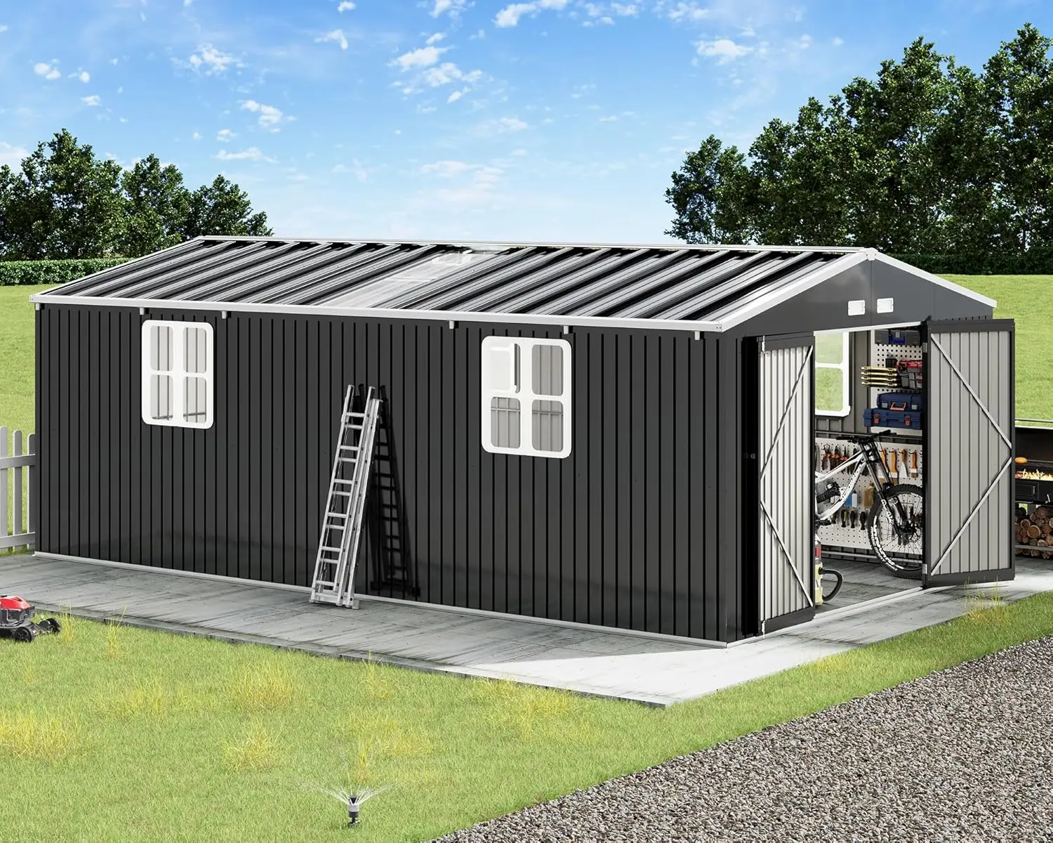 [Summerwins]【Ships in Multiple Boxes】AMERLIFE Outdoor Storage Shed, Huge Metal Garage Shed with Hinged Doors and Windows, Carport for Car, Truck, Bike, Garbage Can and Lawnmower