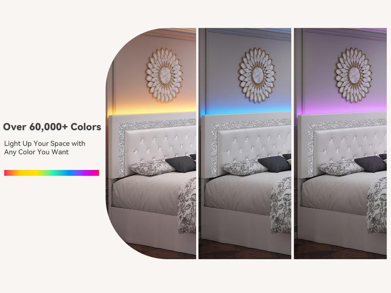 SIBEDS Diamond Upholstered Bed Frame with Adjustable Headboard, Modern Princess Style Platform Bed with LED Lights and Skirt, Crystal Button Tufted Foundation with Wooden Slats, Easy Assembly, Black/White/Grey/Best Gift ldeas/Christmas Gifts