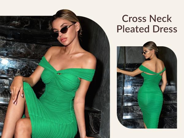 Curvysweet SDK0560A Elegant Off-Shoulder Ruched Mesh Bodycon Christmas Evening Dress with Cross V-Neck & Built-In Bra — Perfect for Cocktail Parties, Wedding Guests, Birthdays, Night Out & Work Events