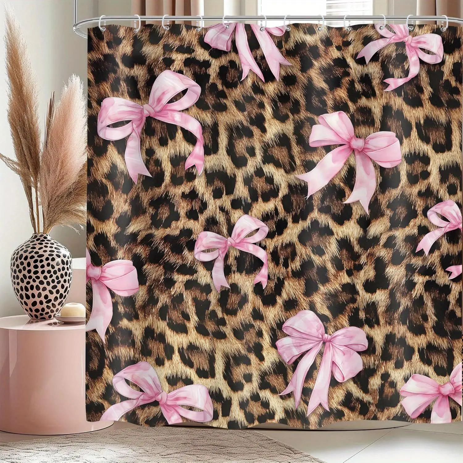 Pink Bow & Leopard Print Polyester Straight Shower Curtain with Hooks - Feminine Modern Bathroom Decoration Accessories, Home Decor Essential