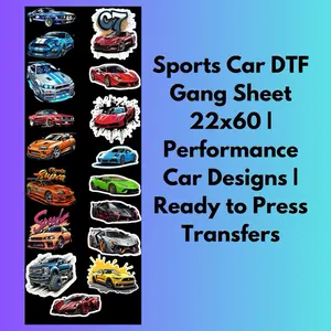 Sports Car DTF Gang Sheet 22x60 | Performance Car Designs | Ready to Press Transfers