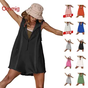 Ommig Short Half Zipper Sports jumpsuit for Fitness Outdoor Leisure Sleeveless Loose Hoodie for Women