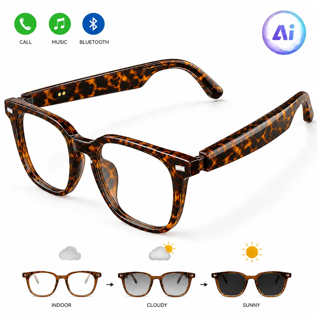 VUB Stylish Smart Glasses - Unisex Adult Wearable Digital Device with Exclusive Tortoiseshell Plastic Frame, Adaptive Photochromic Lenses, Bluetooth Music & Calls, Blue Light Protection, Enhanced Communication, Casual Shopping Use, Charging Cable Included