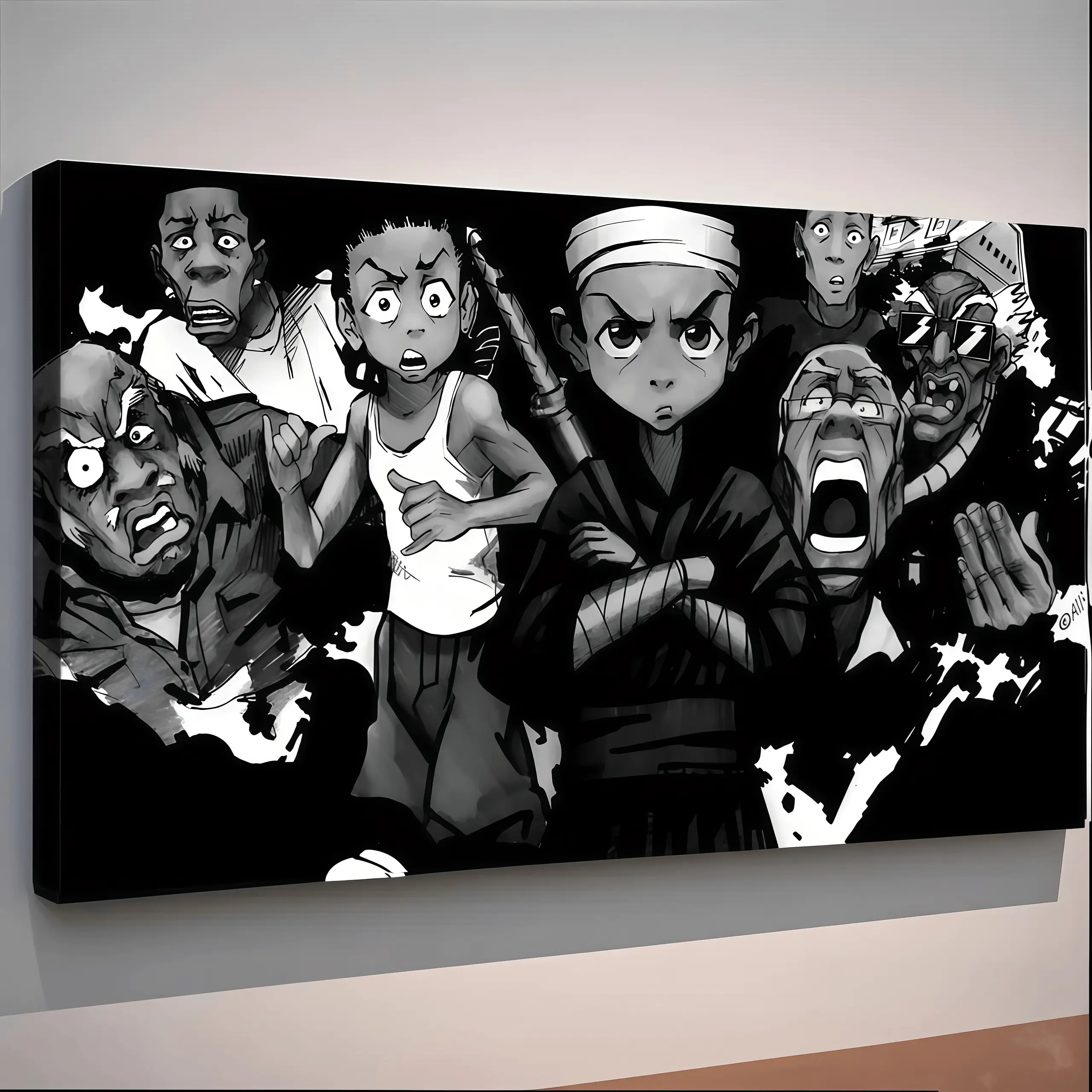 Boondocks Black Cartoon Wrapped Canvas Decor Painting 2D Flat Framed Wall Art for Living Room & Bedroom Graphic Prints Decoration sport icon home library therapy office wooden fan abstract pattern 3-count frame canvas artwork large unframed coquette