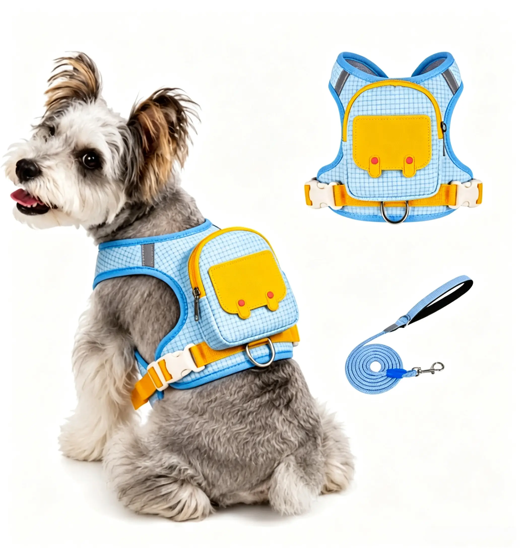 Plaid Dog Backpack with Leash, Small Dog Harness Vest & Portable Walking Bag, Outdoor Pet Accessory