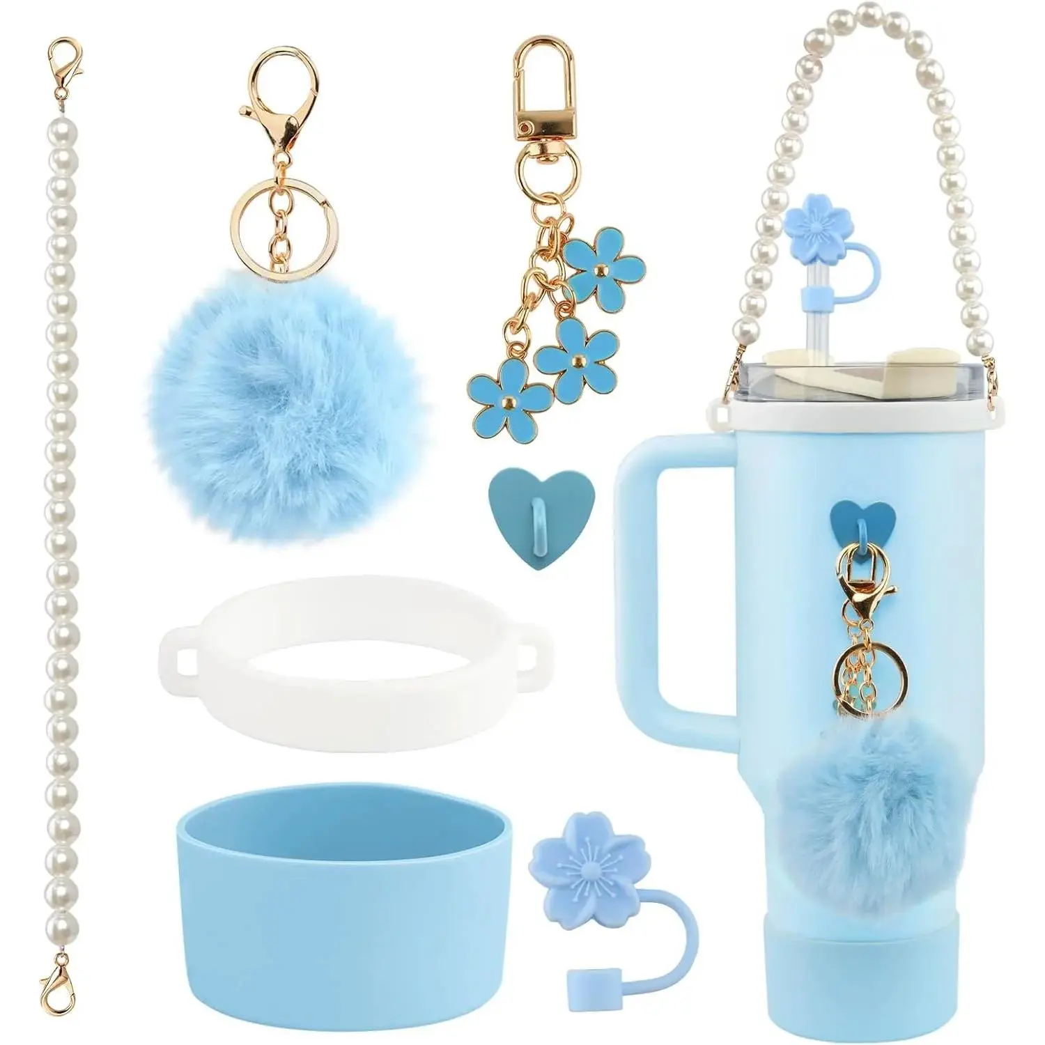 7Pcs Blue Stanley Cup Accessories Set - Water Bottle Handle Strap, Silicone Flower Straw Topper Cover Cap, Silicone Stanley Boot, Pompom and Flower Charms for Stanley Cup Tumbler 30oz 40oz Drinkware Drinking Gadgets