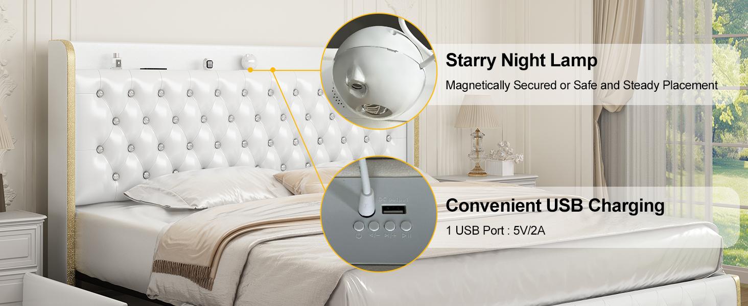 Queen LED Bed Frame Galaxy Projector  White Noise Bluetooth Music speaker,  , 46“ Tall Headboard with USB Charging ,  No Box Spring Required and No Mattress Included，Upholstered Bed with Wood Slat Support, Velvet