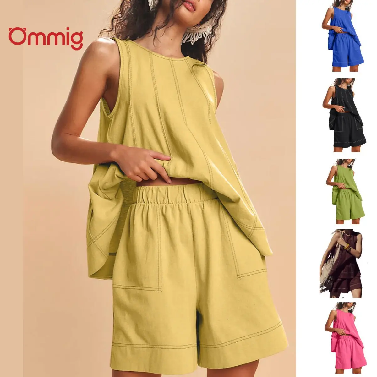 Ommig Basic Women's Fashion 2-Piece Outfits - Sleeveless A-Line Tank Tops with Contrast Stitching, High-Waist Shorts with Pockets Matching Sets for Women, 2 Piece Sets Women