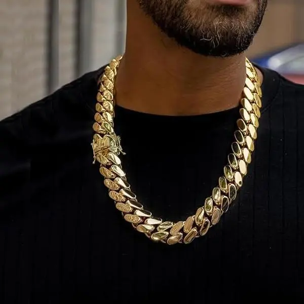 Men's 18k Gold-Plated Stainless Steel Cuban Link Miami Chain Necklace, Hypoallergenic Hip Hop Artificial Gemstone Jewelry Accessory