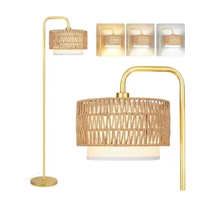 Gold Floor Lamp for Living Room, Farmhouse Tall Lamp with 3 Color Temperatures Remote & Dimmable Bulb, Boho Lamp Rattan and Fabric Shades Bedroom Study Room Office Hotel
