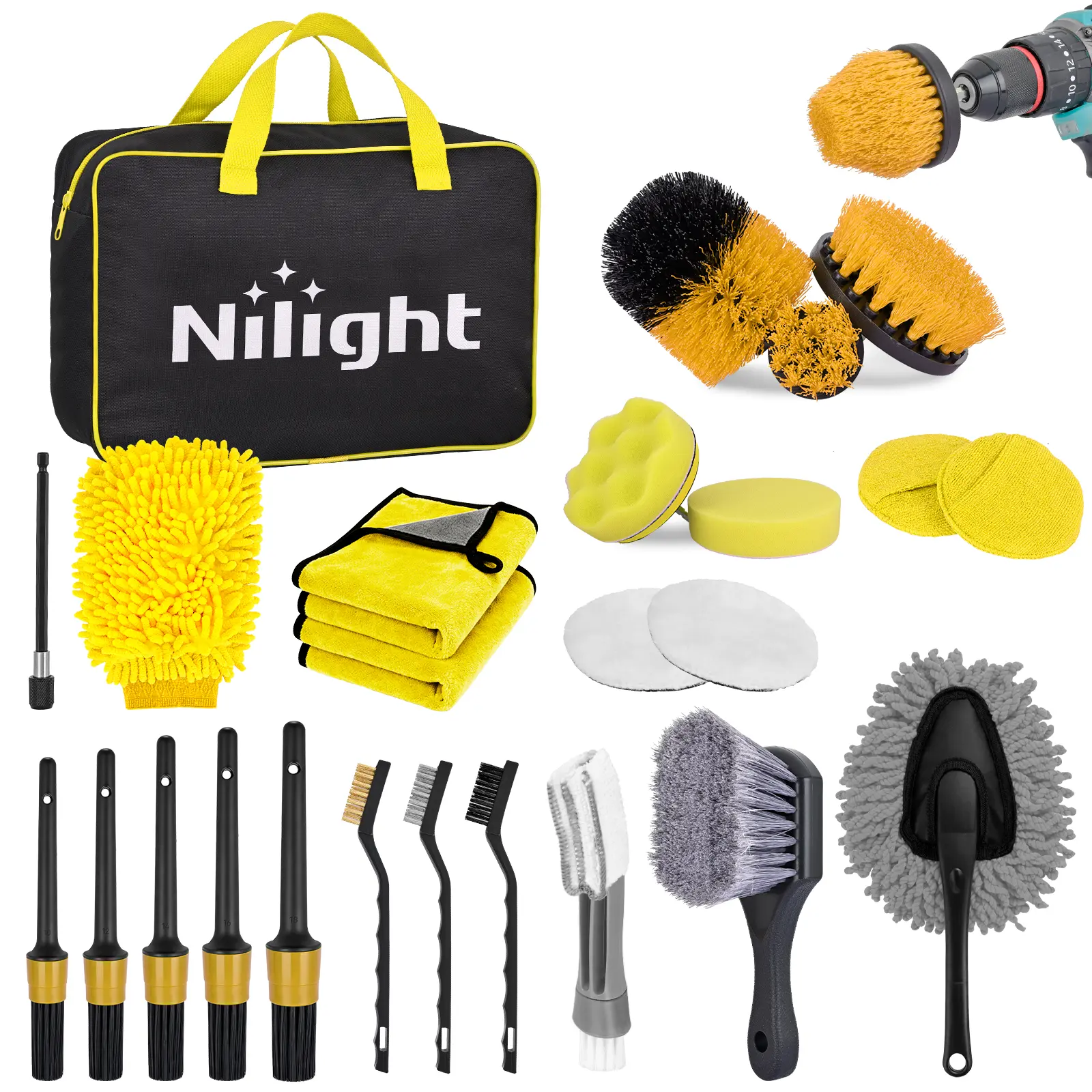Nilight 27PCS Car Detailing Kit Auto Cleaning Tools Wash Set with Storage Carry Bag Home Use for Interior Exterior Deep Clean Polish Car Care Windshield Dashboard Seat Air Vents Wheels Tires, Yellow,car accessories