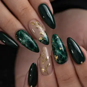 Emerald Green Marble Press On Nails Almond Shape, Luxury Gold Leaf Nails, Dark Green Elegant Nails, Handmade Marble Glue On