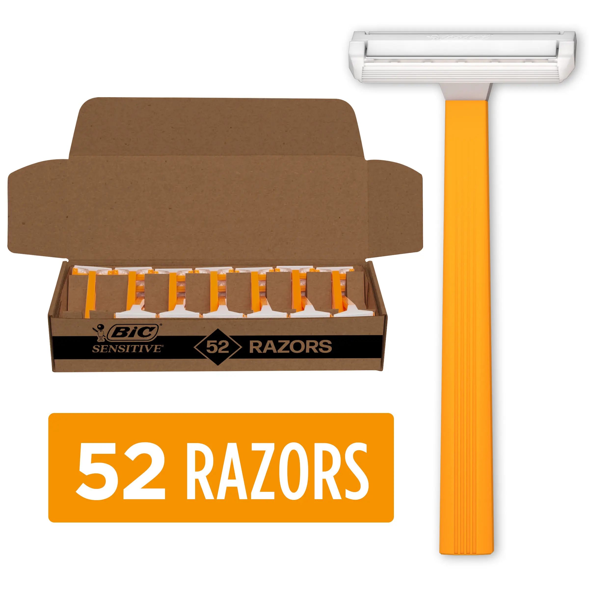 BIC Sensitive Disposable Razors for Men, Long-Lasting 1 Blade Razors for Sensitive Skin, 52-Pack