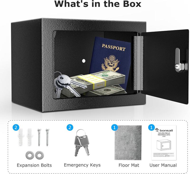 Bonsaii Steel Construction Safe Box with Key Lock, 0.22 Cubic Feet Small Hidden Safe for Home – Secure Money,Cash, and Jewelry (6.69” x 9.06” x 6.69”)