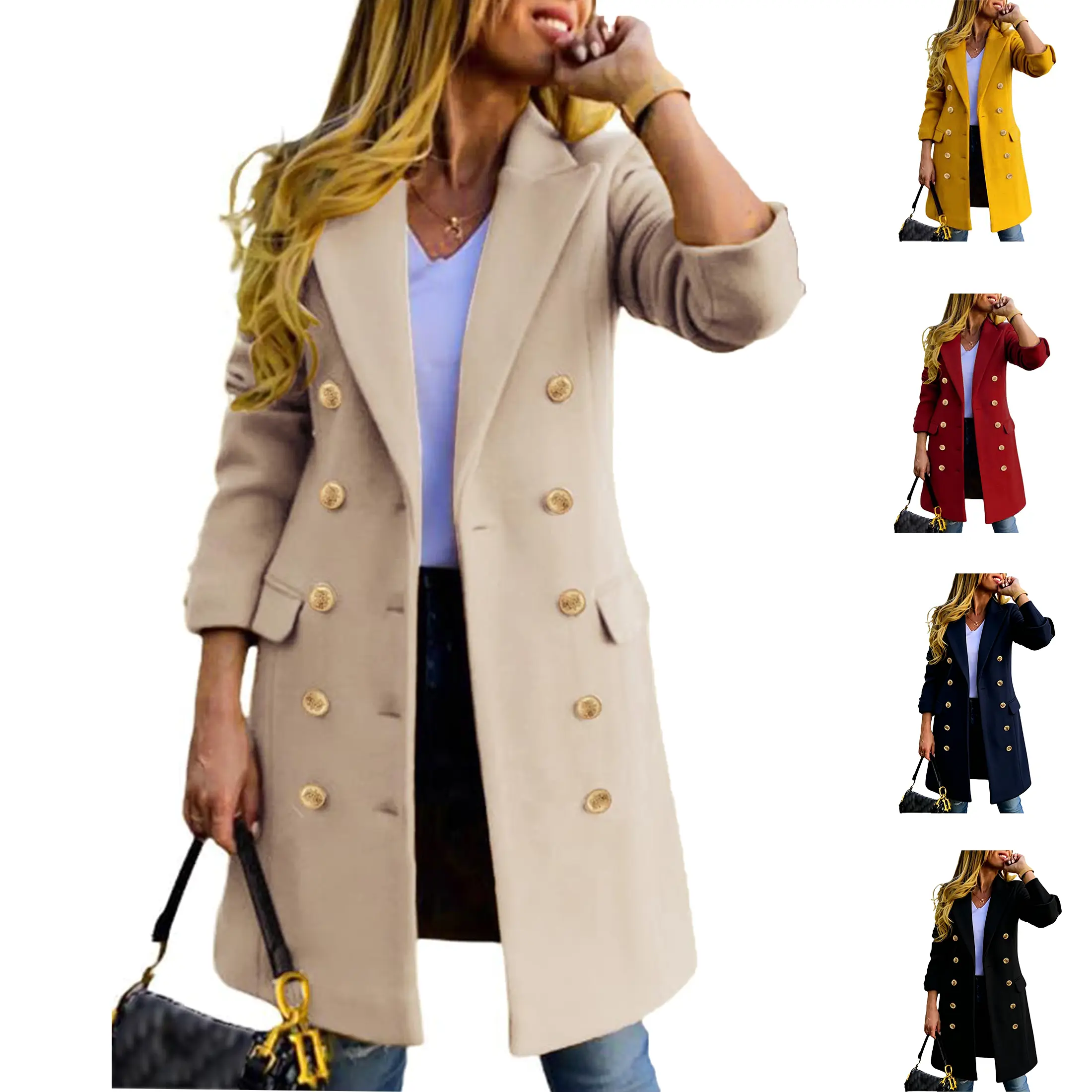 Buenoble Women Double Breasted Lapel Midi Wool Blend Peacoat Long Warm Trench Coat Fall Winter Outerwear