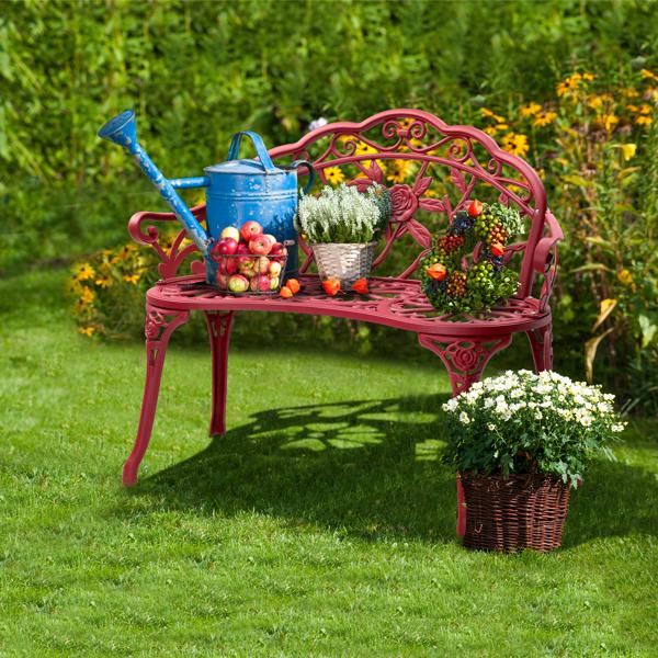 Outdoor Cast Aluminum Patio Bench for Garden Porch Antique Rose Vintage Style Weather Resistant Durable Red Finish