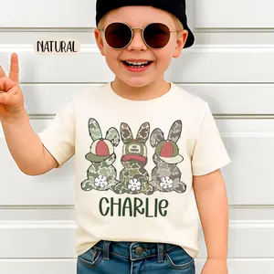 Camo Boy Easter Shirt, Personalized Camo Easter Kids Shirt, Camouflage Bunny Tee, Custom Name Toddler Shirt, Sibling Cousin Crew
