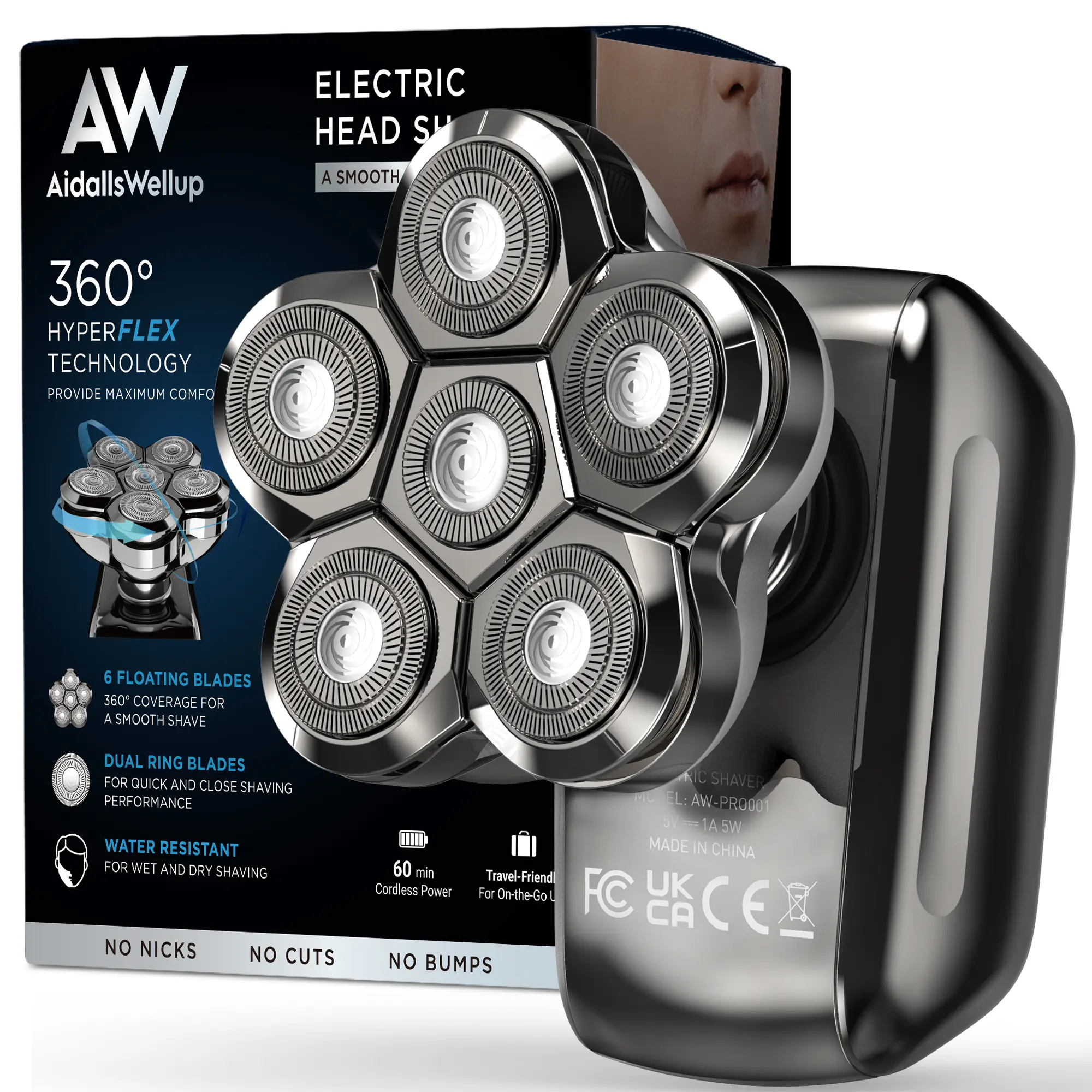 AidallsWellup Waterproof Bald Head Shaver - Cordless, Rechargeable Electric Shaver for Skull, Close, Comfortable Shave for Bald Men, Cordless Shaver, Rechargeable Head Shaver