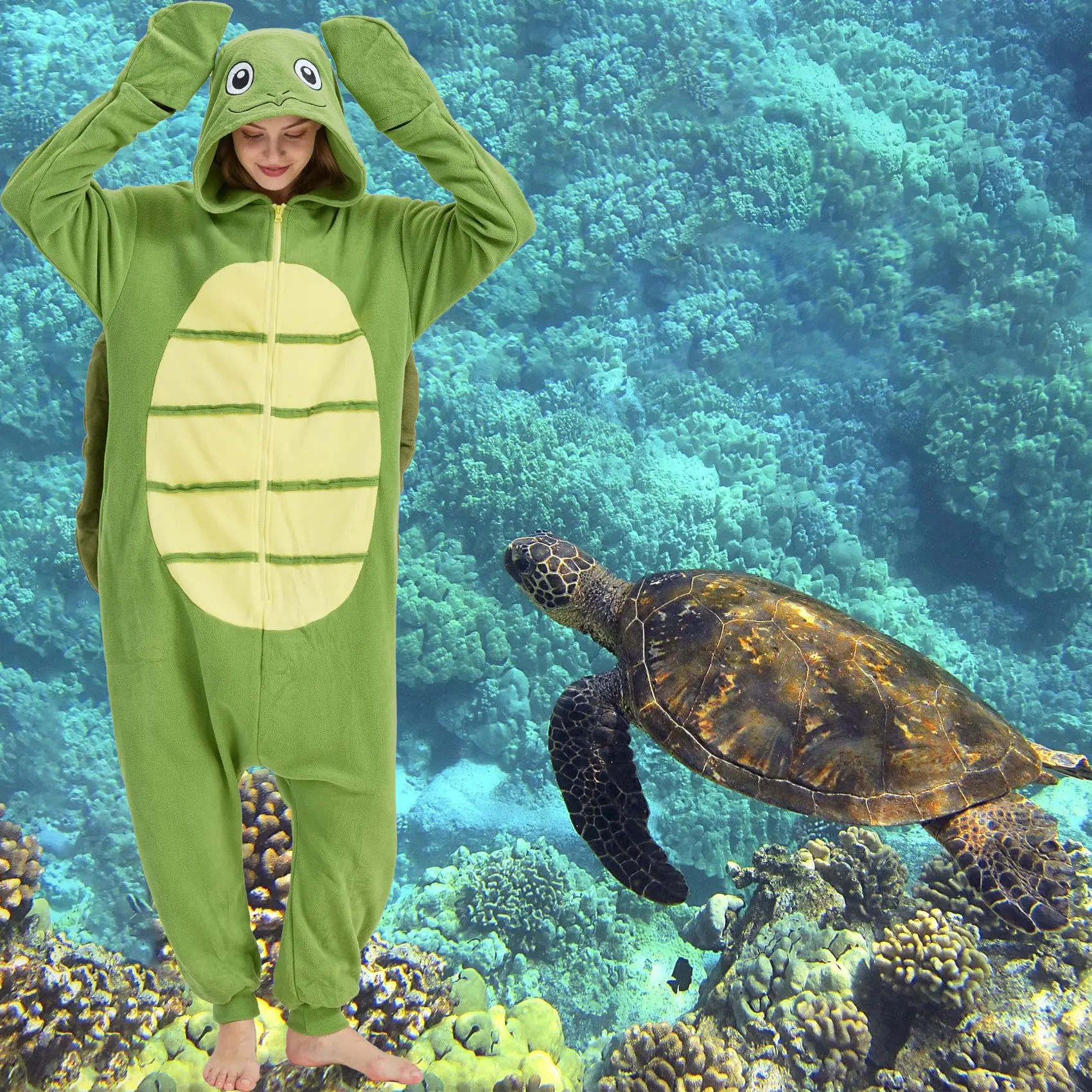 Turtle Onesie Costume – Funny Sea Creature Halloween Cosplay One-Piece Pajamas for Women and Men Set Slim Fit Seamless Bodysuit