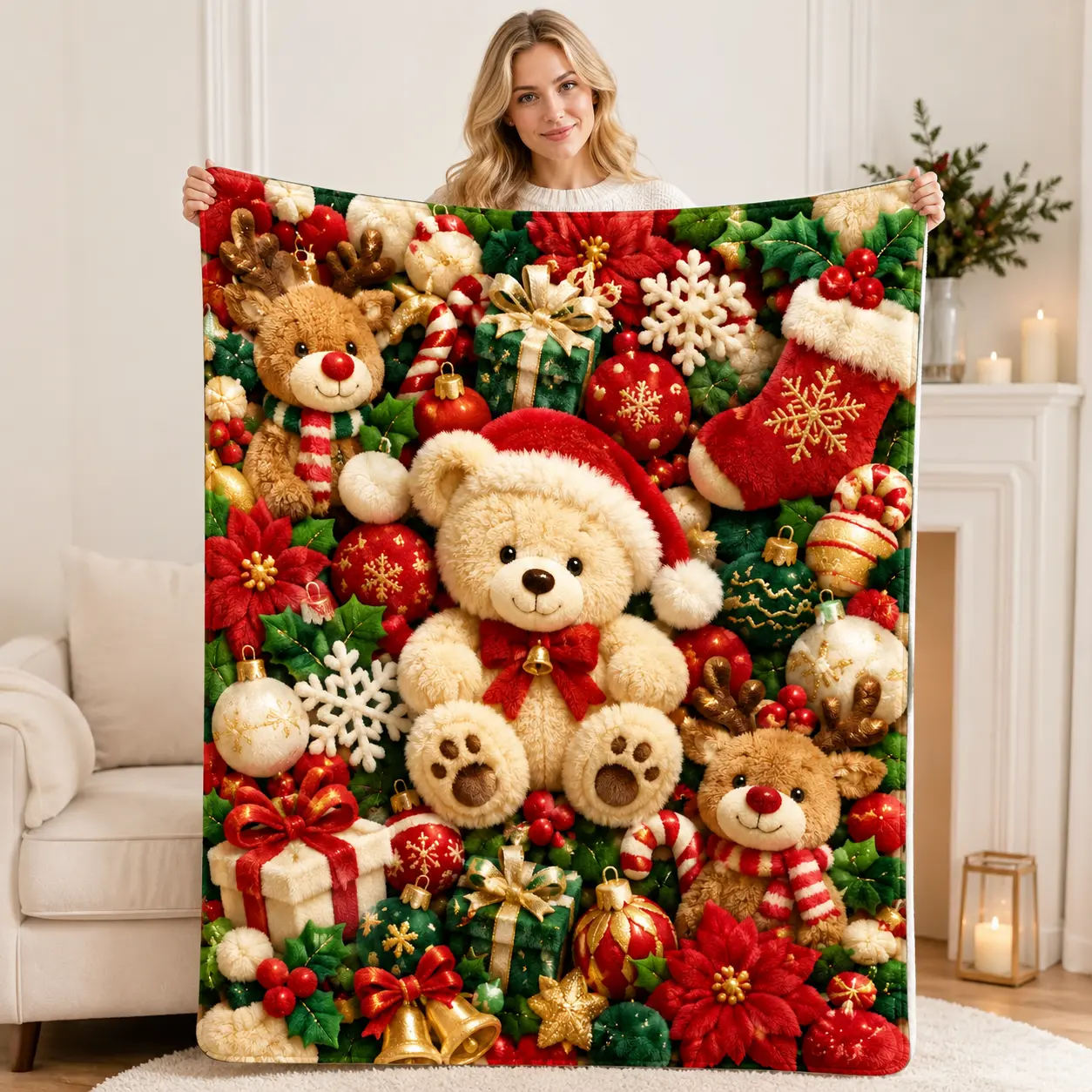 Christmas Teddy Bear Throw Blanket, Cute Santa Bear Reindeer Fleece Blanket, Soft Cozy Holiday Throw for Couch Sofa Bed, Xmas Home Decor Gift