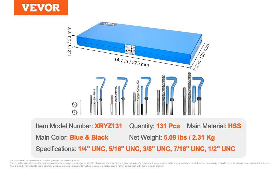 VEVOR 131 PCS Helicoil Thread Repair Kit SAE Tool 1/4 5/16 3/8 7/16 1/2 in UNC,repair tool kit VEVOR 131 PCS Helicoil Thread Repair Kit SAE Tool 1/4 5/16 3/8 7/16 1/2 in UNC,repair tool kit