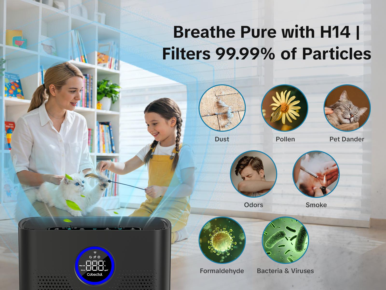 Smart WiFi Air Purifier with APP Control – H14 True HEPA High-Efficiency Filter, Ultra Quiet 24dB, 5 Fan Speeds & Auto Mode, Child Lock & Timer, Ideal for Bedroom, Living Room, Office home