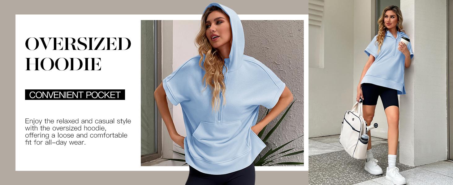 FISOEW Womens Oversized Half Zip Hoodies Short Sleeve Casual Sweatshirts Pullover Tops with Pockets Leggings Loose Aesthetic parke mockneck sweatshirt comfort sweatshirts denim tear hoodie FallFreshness #Springtok #TikTokShopJumpstartSale