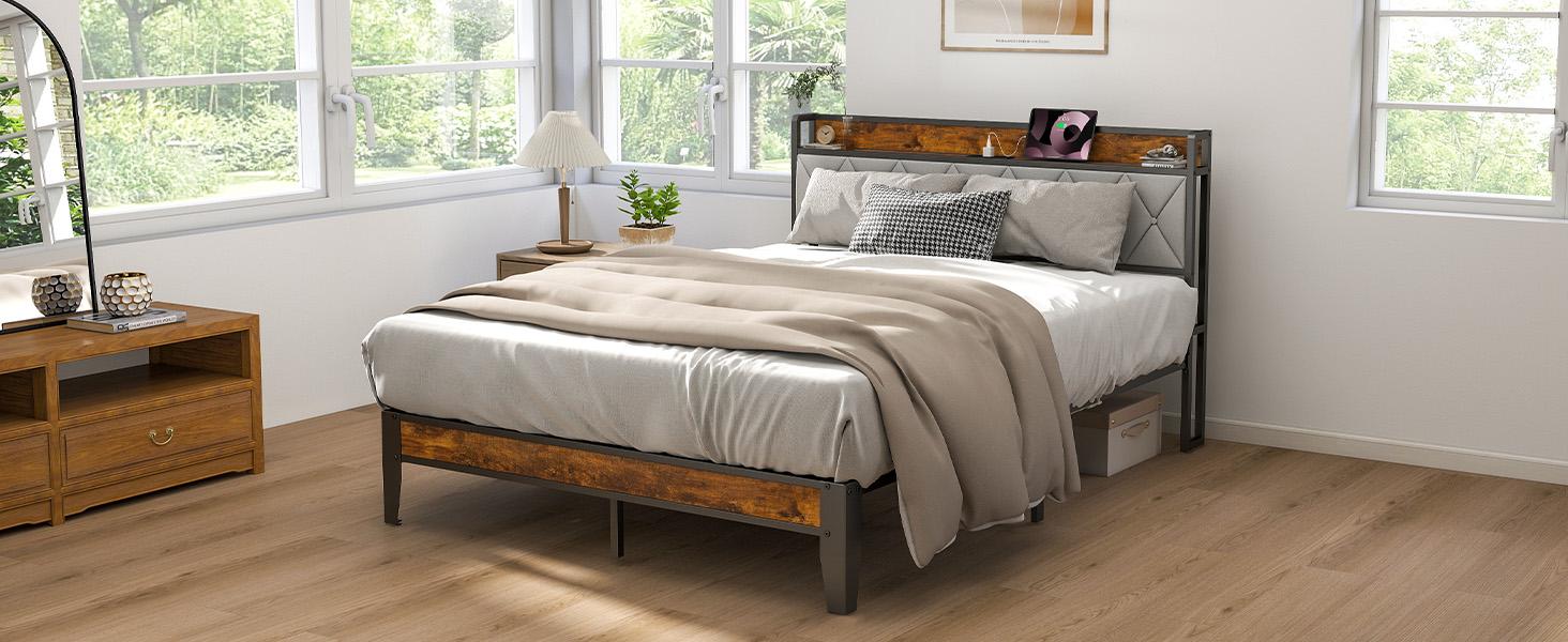 Bed Frame with Headboard,Spacious Underbed Storage,Integrated Charging Station,Durable Squeak-Free Frame,Simple No-Tool Assembly,Works with Full Mattress No Box Spring Required Bed Frame with Headboard,Spacious Underbed Storage,Integrated Charging Station,Durable Squeak-Free Frame,Simple No-Tool Assembly,Works with Full Mattress No Box Spring Required