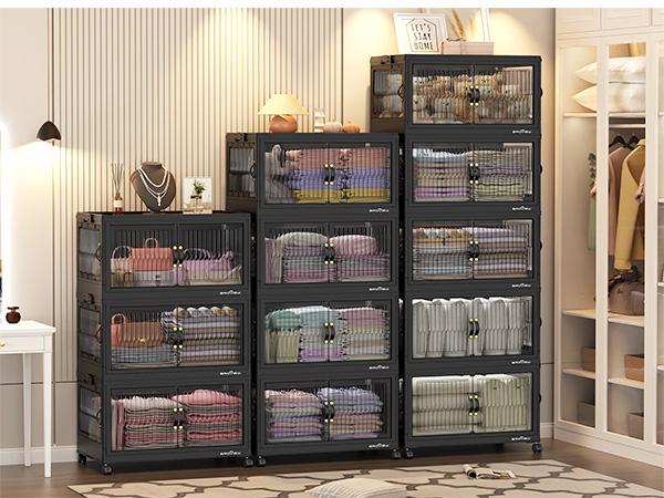 Broview 360Qt/480Qt/600Qt Stackable Storage Bins with 4x Lids, Each 120Qt Stackable Storage Bin,Front and Side Open Doors, Collapsible Closet Organizer and Storage Cabinet, Plastic Folding Box with Wheel Drawer for Home Office Dorm