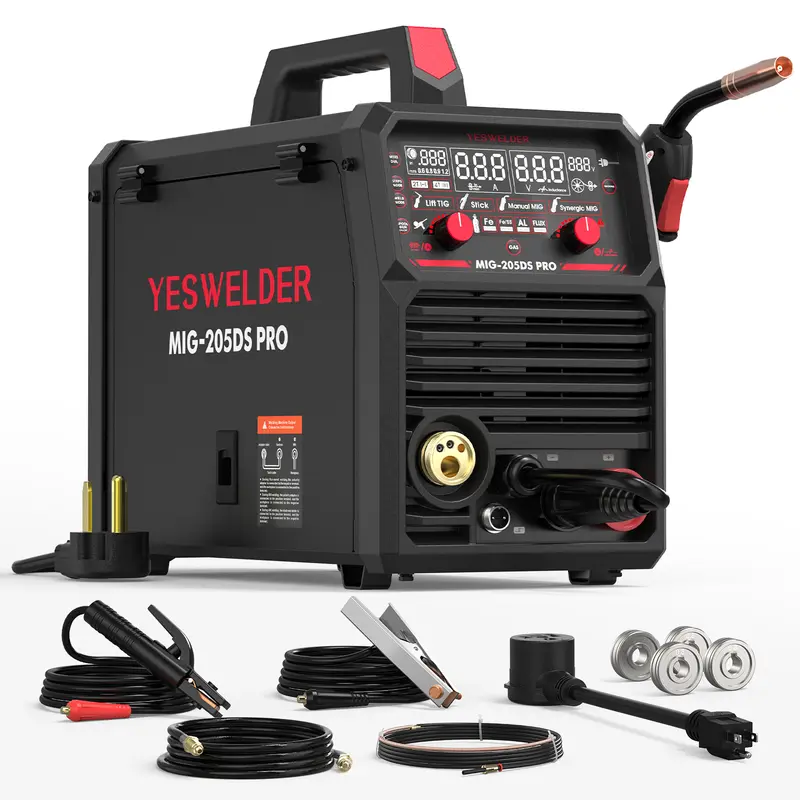 YESWELDER MIG-205DS-PRO Aluminum MIG Welder 205Amp | Synergic Control, 110/220V Dual Volts & Large LED Display | Gas/Flux Core/Spool Gun/Lift TIG/Stick Multiprocess Welding Machine