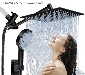 Pressure Shower Head] High Pressure Shower Head Combo | Rainfall/Handheld with 11'' Extension Arm, 3 Settings, Anti-Leak, Height/Angle Adjustable - Chrome, Matte Black